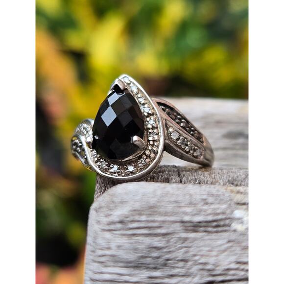 Vintage Solid Sterling Silver Emerald Cut Teardrop/Pear Black Onyx Ring, Sz 6.75 - Picture 2 of 8